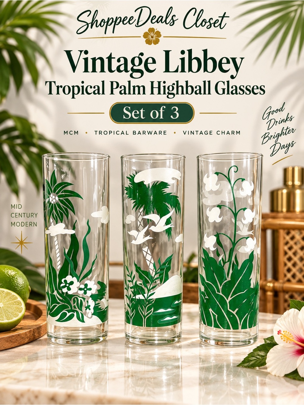 Vintage Libbey Tropical Palm Highball Glasses Set of 3